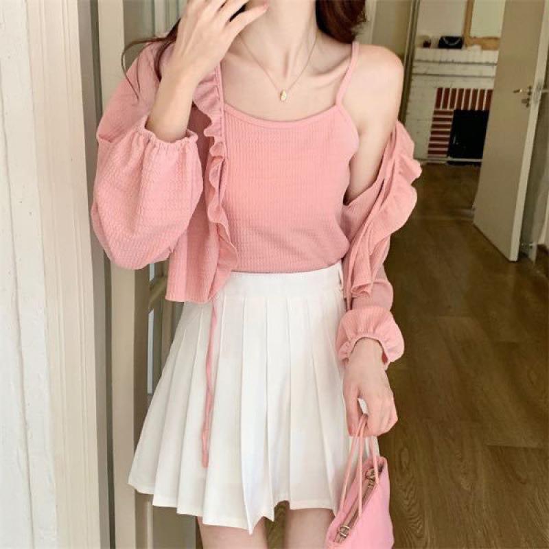 Women's French Ruffle Trim Shawl Cardigan & Camisole Set - Summer Sun Protection