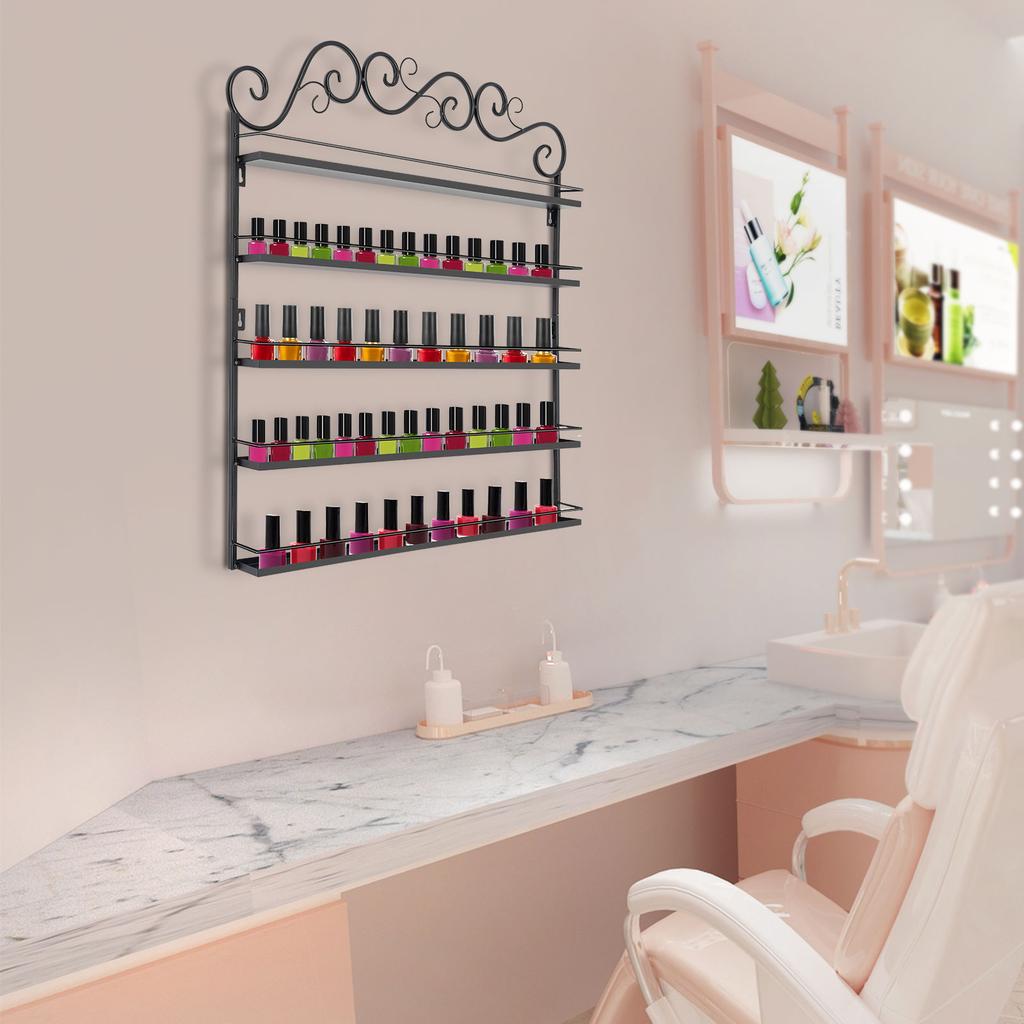 5-Tier Black Metal Nail Polish Rack – Sleek Nail Polish Organizer & Essential Oil Display Shelf – Space-Saving Wall Mount Design