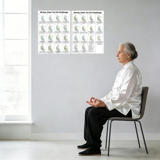 2Pcs Chair Tai Chi Workout Posters Seated Exercises Chart 30-Day Chair Tai Chi Guide for Seniors Beginners Home Gym Decor