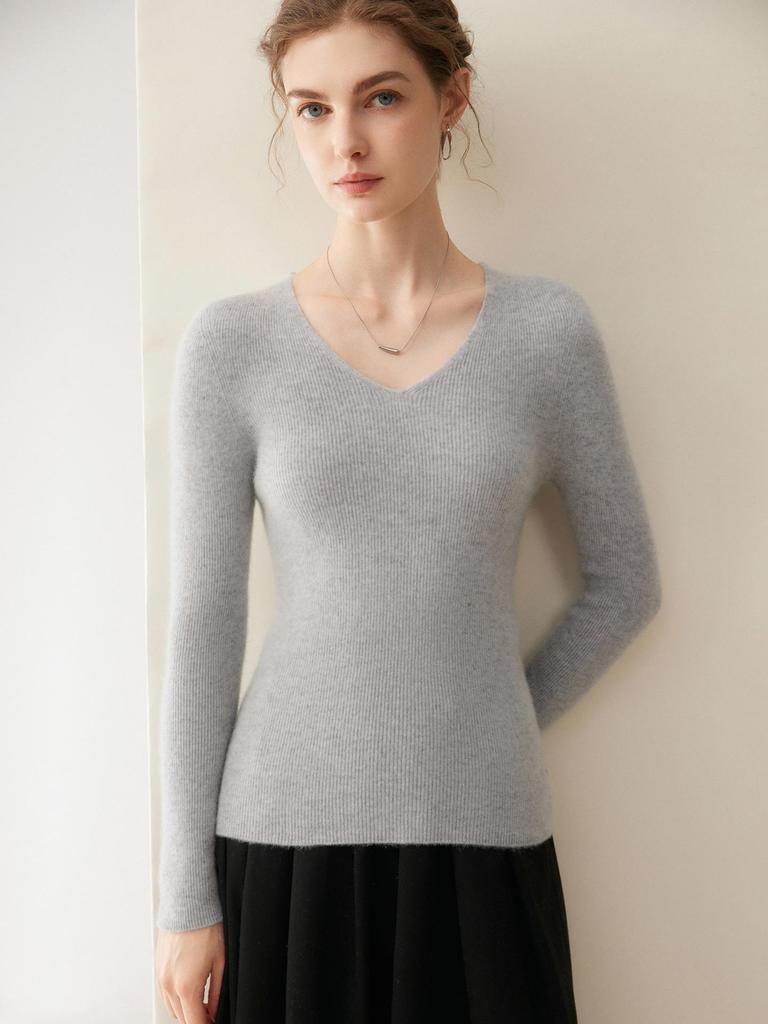 Women's Seamless V-Neck Ribbed Cashmere Sweater - Slim Fit Base Layer for Autumn/Winter