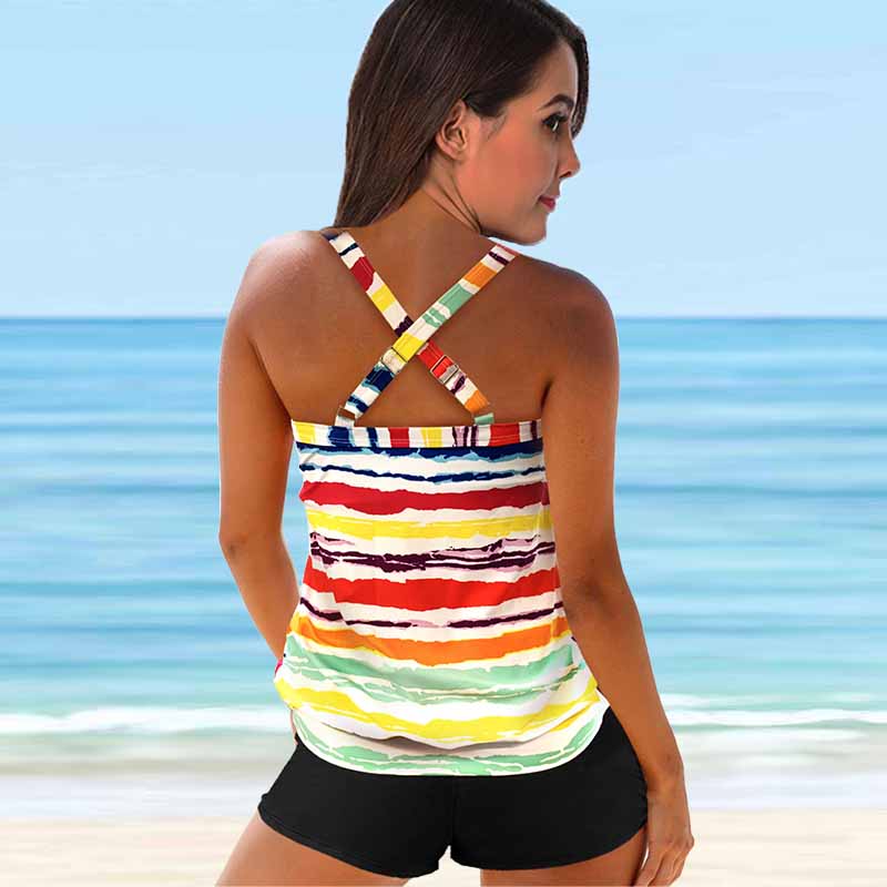 Women's Shoulder Strap Swimsuit Same Tone Stripes Print Bikini Tankini Swimsuit