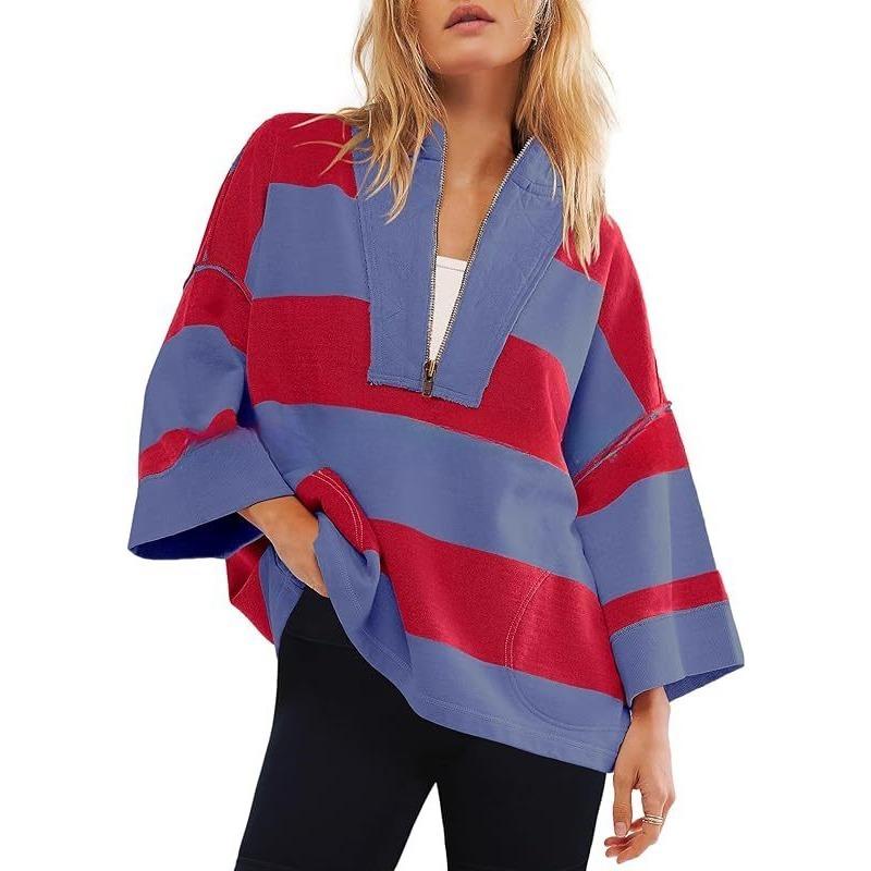 Women's Oversized Striped Shirt Half Zip Sweatshirt Patchwork V Neck Top Casual Loose Pullover