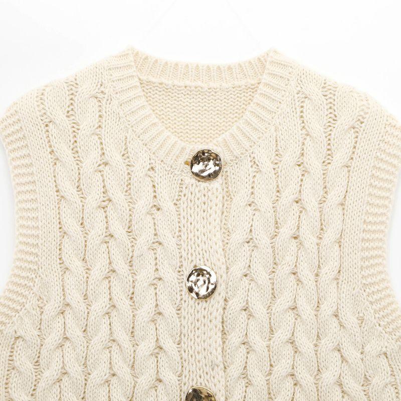 Kaslead New Women Clothes Western Style Fashion Simple and Versatile Twist Gold Button Thick Needle Vest