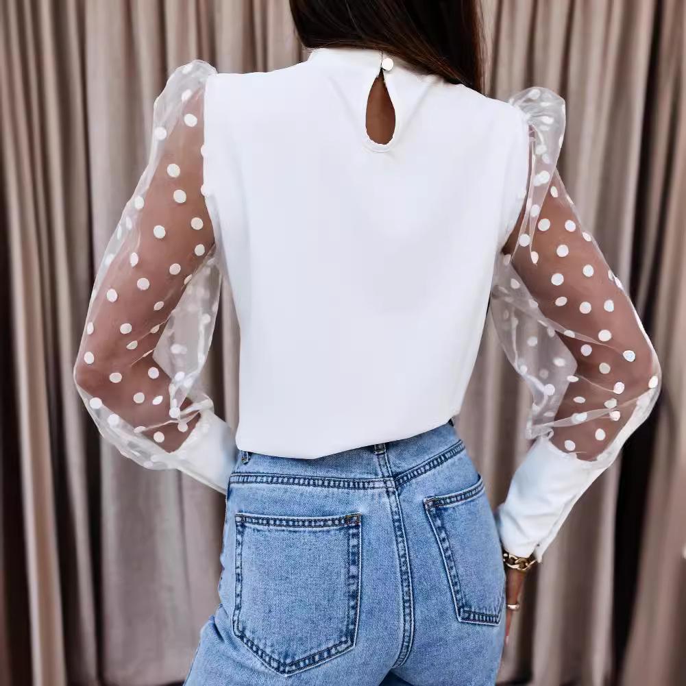 European-American 2025 Spring/Summer Women's Mesh Lace Patchwork Chiffon Long-Sleeve Blouse