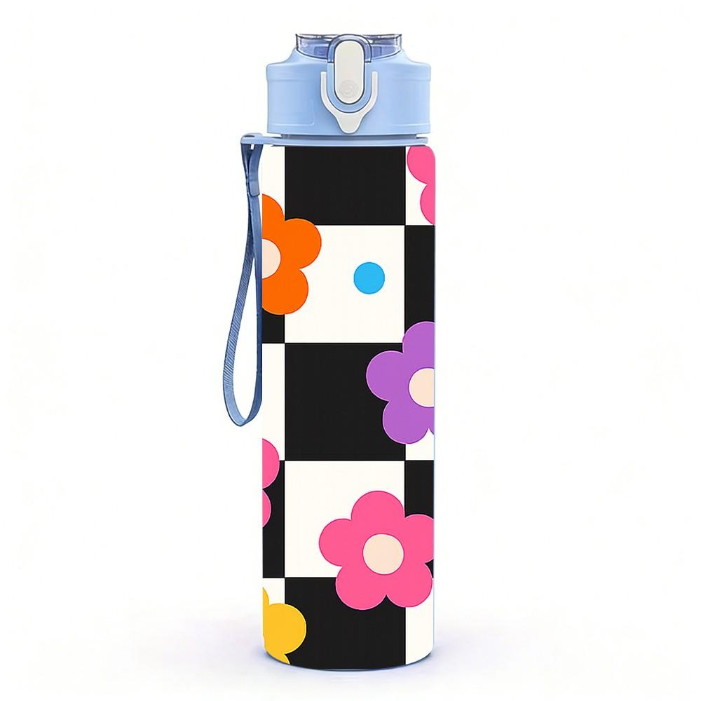 1PC Checkerboard Color Daisy Flower Print 750ml Color Plastic Sports Water Bottle Leakproof Flip Straw Lid Suitable for Sports Office Home Use