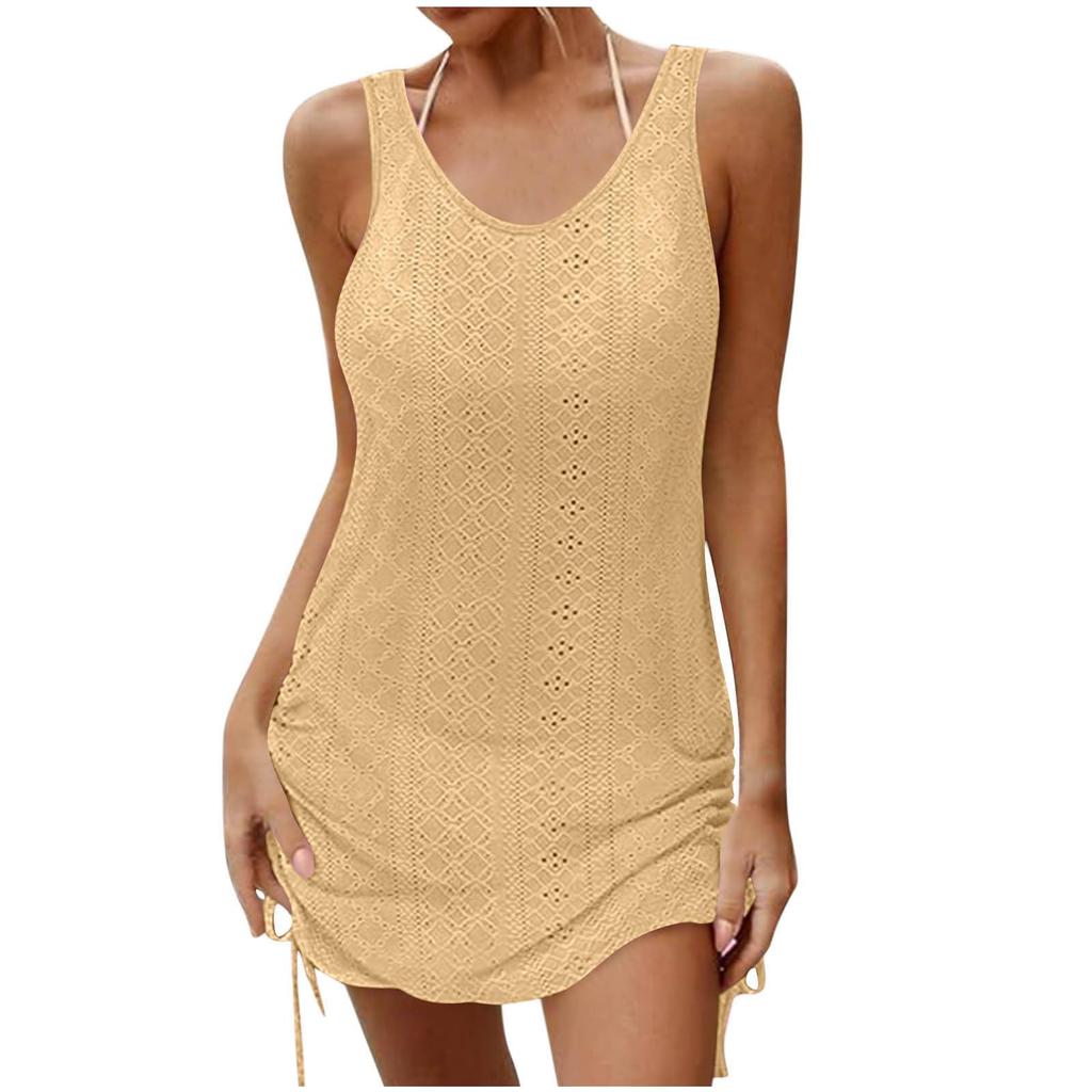 Women Crochet Knit Dress Sleeveless Round Neck Backless Casual Dress with Adjustable Drawstring Sides for Summer Beachwear