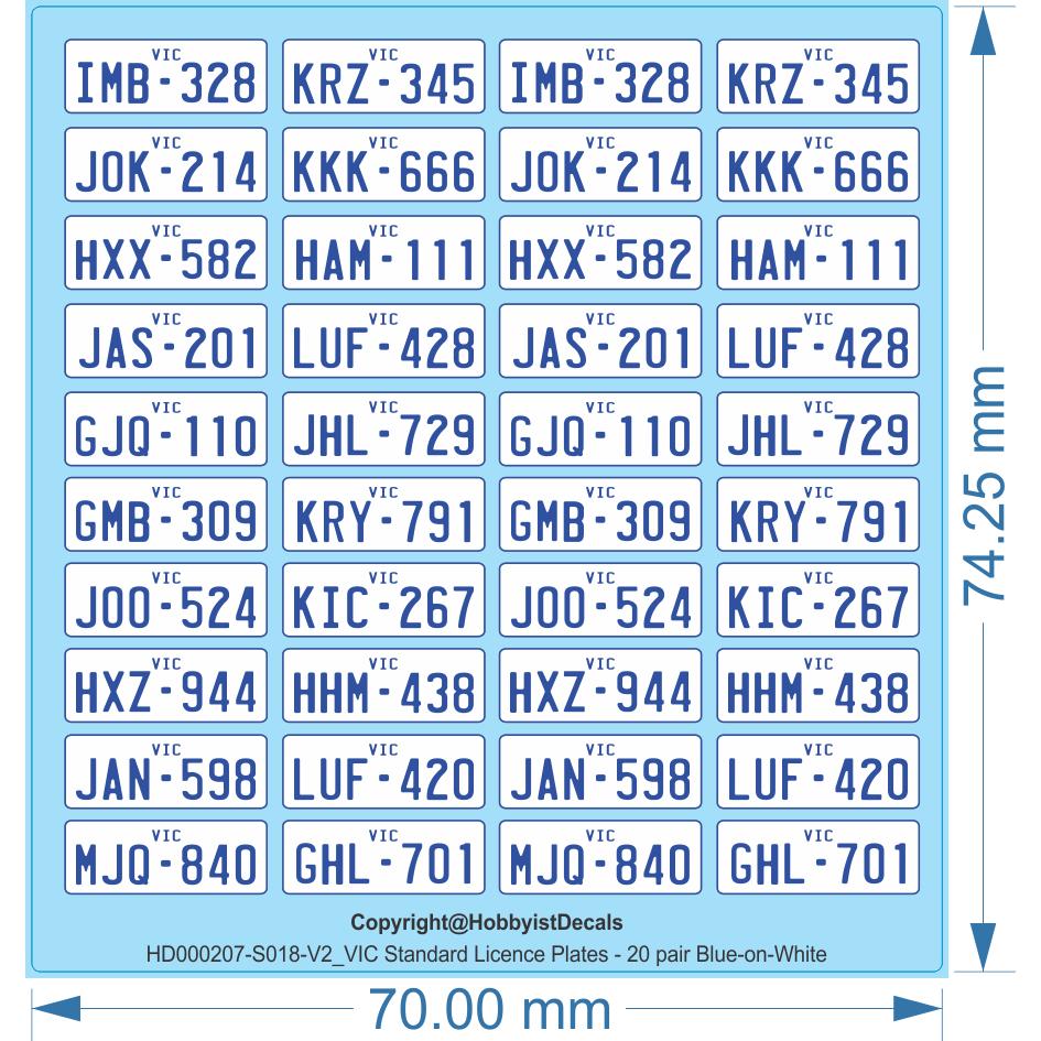 VIC Standard Licence Plates - 20 pair Licence Plates - 1/18 HO(1/87) - Water Decal & Clear Vinyl