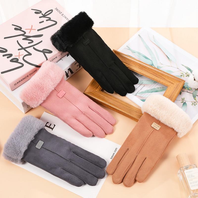 Autumn and winter suede gloves women's warm touch screen gloves imitation Rex rabbit hair mouth piled thickened cold-proof gloves
