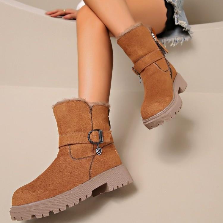 Winter Velvet Cotton Boots Women's Thick Sole Thick Heel Side Zipper Fashion Belt Buckle Short Snow Boots Women