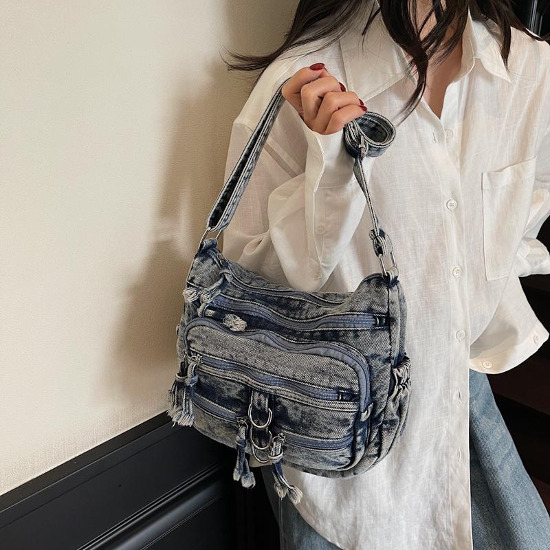 Women Crossbody Bag Vintage Shoulder Bag Multi-Layer Pocket Denim Bag
