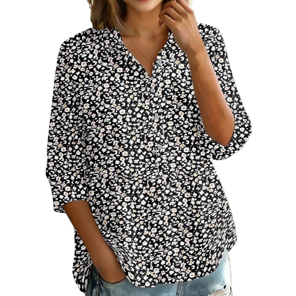 Women's Vintage Floral Print Button Down Blouse, 3/4 Sleeve Relaxed Fit Shirt
