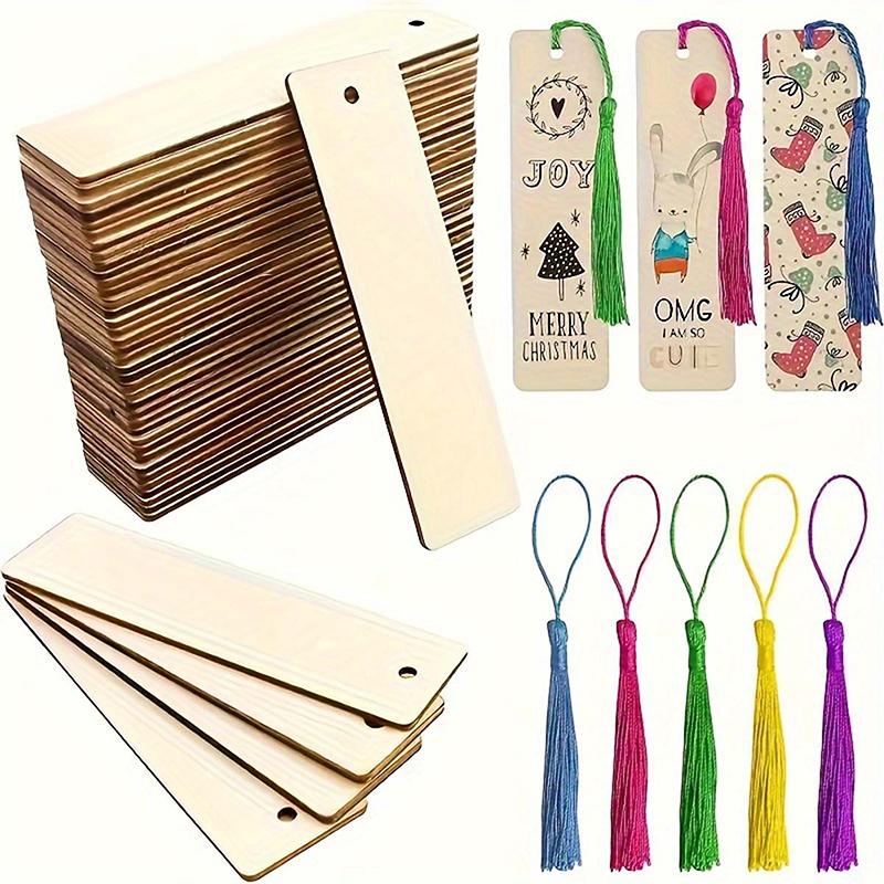 20Pcs Wooden Blank Bookmarks With Tassels Set Diy Wooden Craft Bookmarks Square Tag Wedding Birthday Party Decor