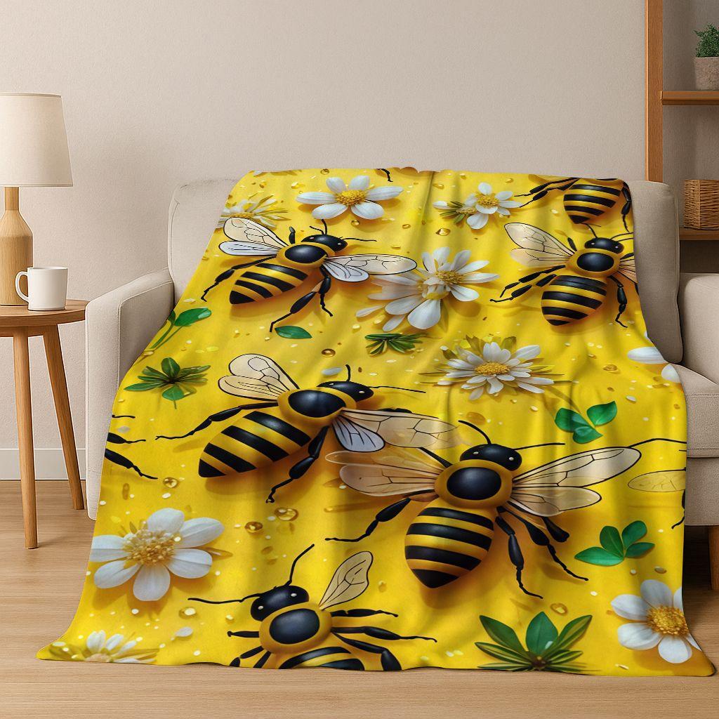 Cute Cartoon Bee HoneyBee Insect Art Flannel Blanket,Cozy Soft Throw Blanket for Home Bedroom Bed Sofa Picnic Cover Gift Kids