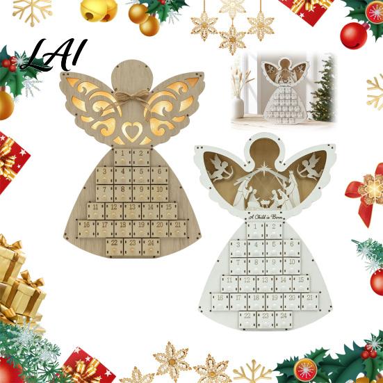 Advent Calendar for Candy Wooden Angel Christmas with 24 Storage Drawers Countdown Holiday to Tabletop Decoration Winter Party Favors LED Lighted
