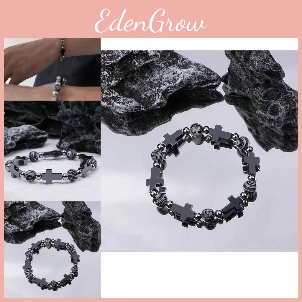 Stone Cross Natural Black Beaded Bracelet For Couples Minimalist Cold Wind Style