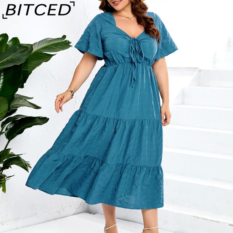 BITCED V-Neck High-Waisted Long Dress Short-Sleeve Plus Size Dress