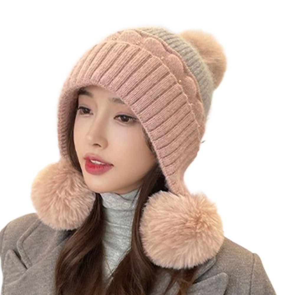 Perlenverzierte Haubenmützen Ohrenschutz Damen Beanies Wintermütze mit Bommel Herbst Winter