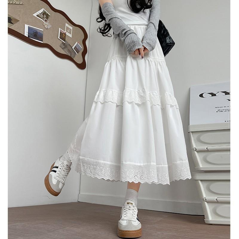 

Белая кружевная юбка для торта Женская весенне-летняя маленькая А-образная юбка-зонт, тонкая средней длины и длинная пышная юбка S белый