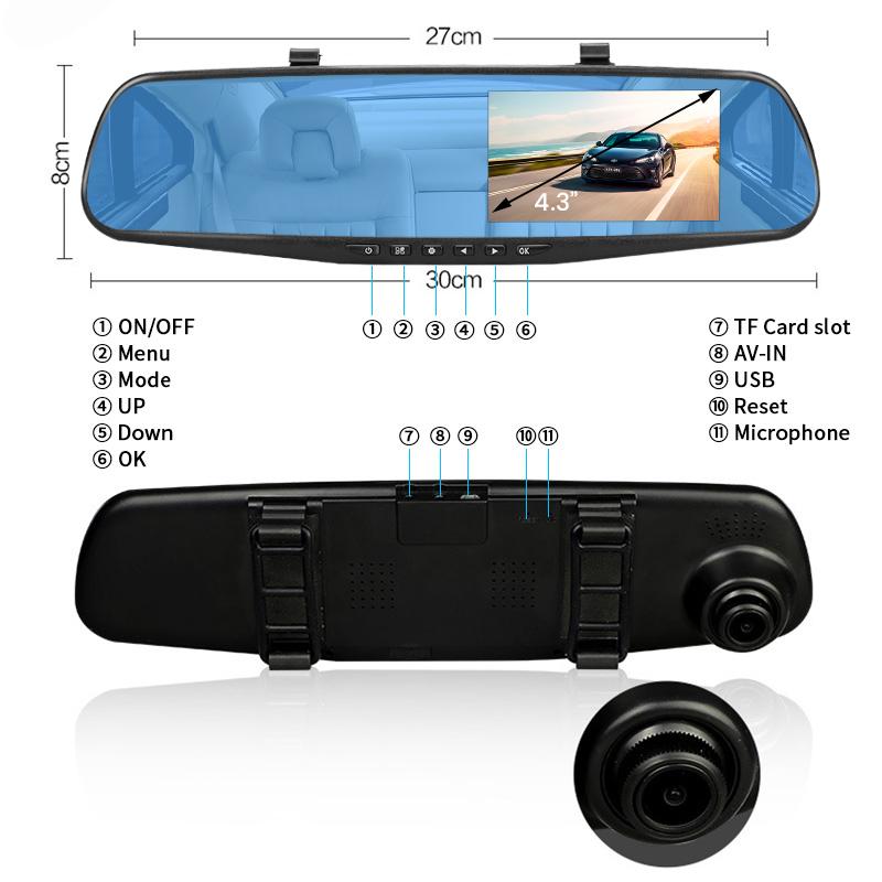 Dash Camera Car Dvr Mirror FHD 1080P 4.3 Inch Dual Len With Rear View Camera Auto Video Recorder