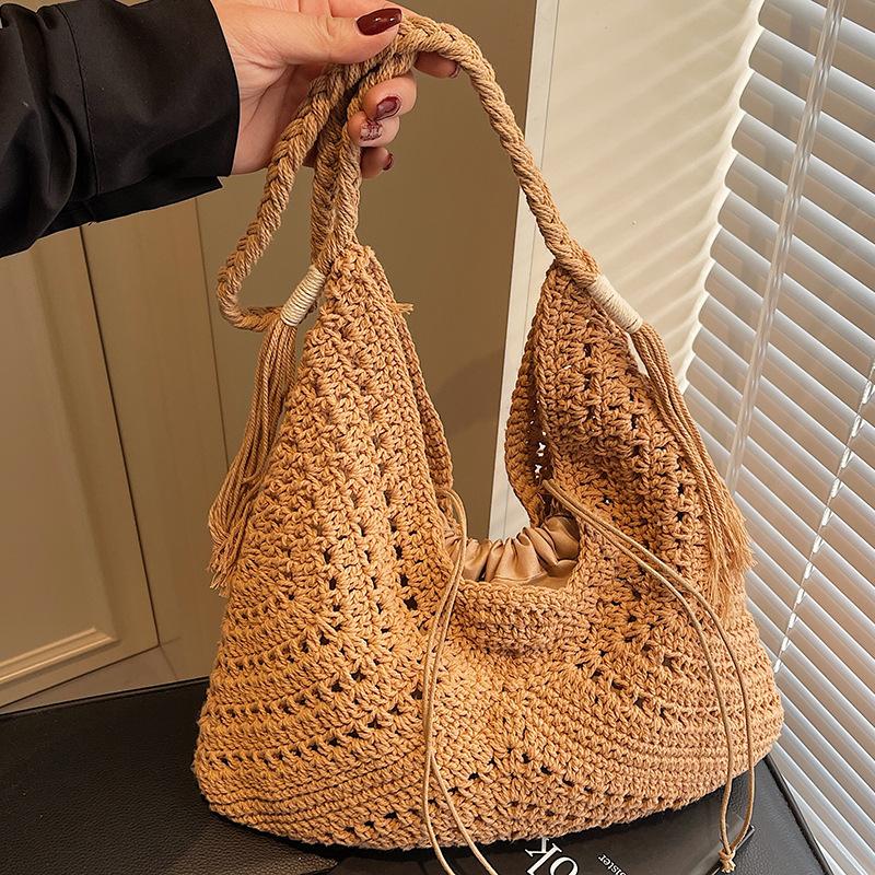 Large-capacity Woven Edge-bound Beach Bag with Shoulder Strap Tote Bag
