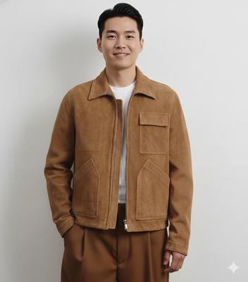 Stylish Men's Suede Brown Causal Handmade Jacket Lambskin Leather Trucker Genuine