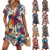 Women Short Sleeve Casual Dress with Floral Print Round Neck Waist Tie and Pockets Lightweight Summer Dress