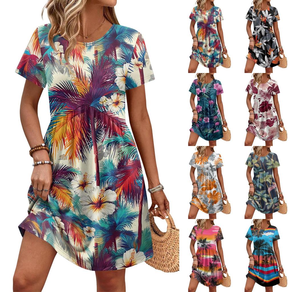 Women Short Sleeve Casual Dress with Floral Print Round Neck Waist Tie and Pockets Lightweight Summer Dress