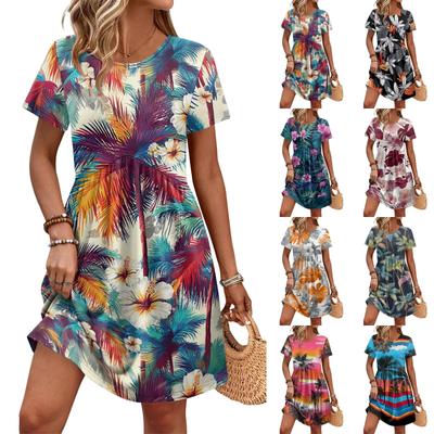 Women Short Sleeve Casual Dress with Floral Print Round Neck Waist Tie and Pockets Lightweight Summer Dress