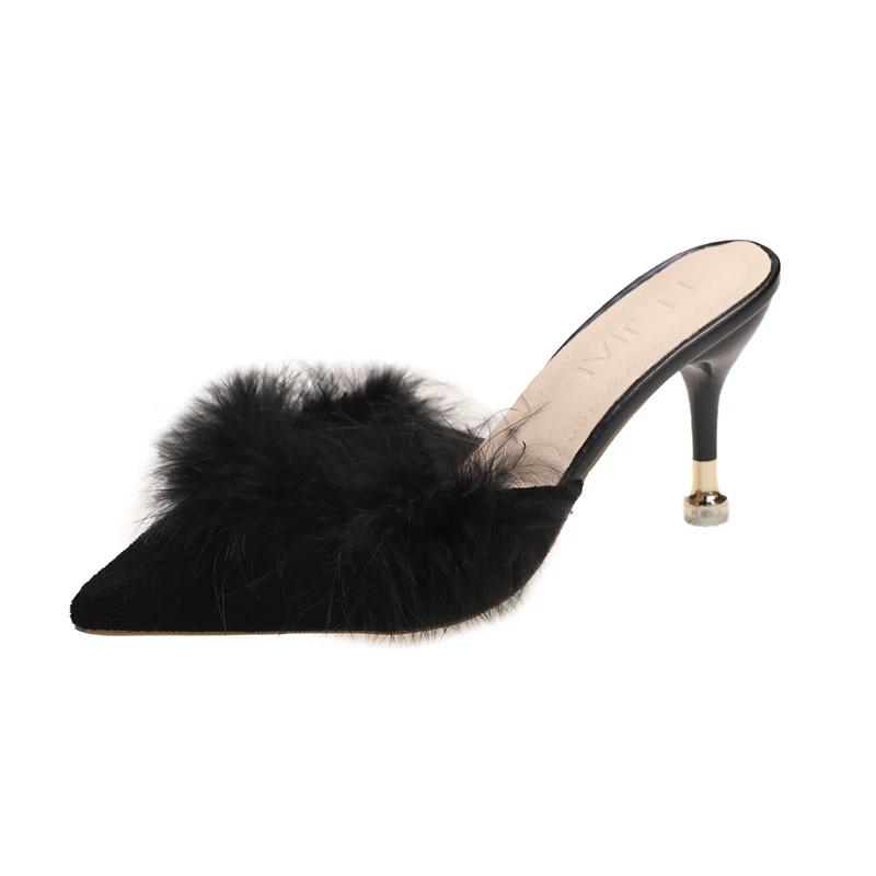 Women High Heels Slippers 2024 Summer New Fur Pointed Toe Thin Heels Women Mules Dress Party Outside Ladies Shoes