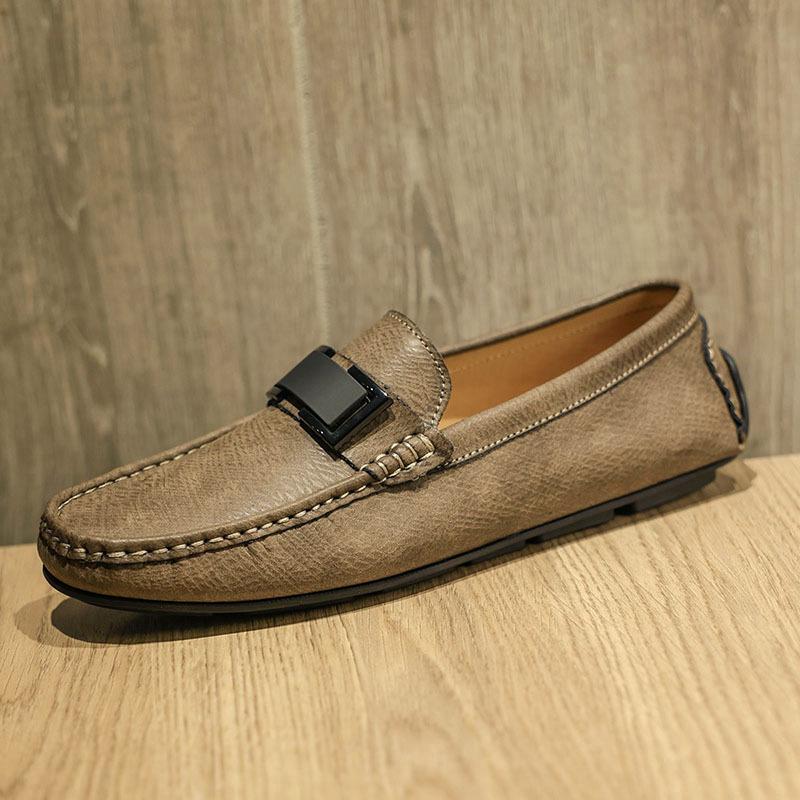 

2025 new autumn beanie shoes men s shoes genuine leather high-end sense trend British lazy casual one-pedal leather shoes 44 коричневий