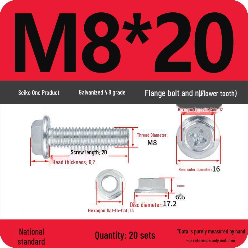 4.8 Grade Galvanized Hex Bolt Set with Anti-slip Washer & Nut, Cross Flange Head, M4/M5/M6/M8mm