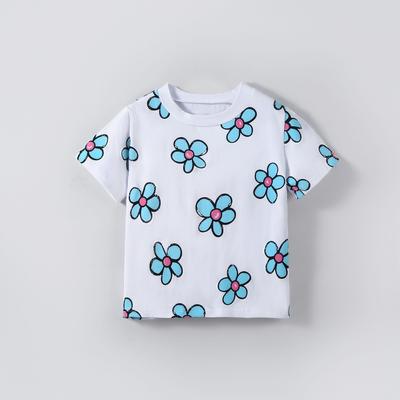 2-7 Jahre Mädchen Baumwollmischung Oberteile Kleinkind Freizeit Kinder T-Shirt Niedlicher Blumendruck Sommer Kinder Rundhals Kurzarm T-Shirts
