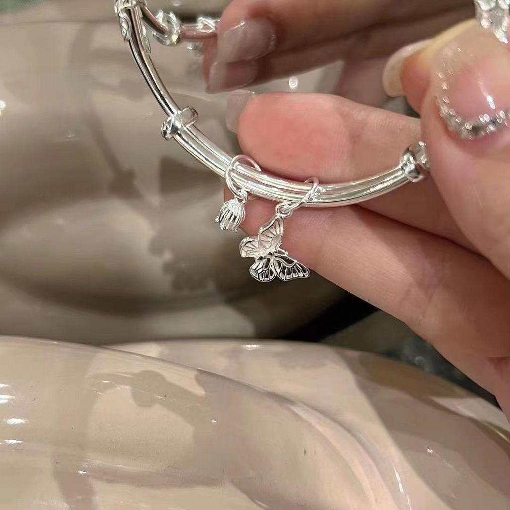 999.9 Pure Silver Bangle - Women's Sterling Silver Bracelet, Qixi Valentine's Day Gift for Wife or Girlfriend