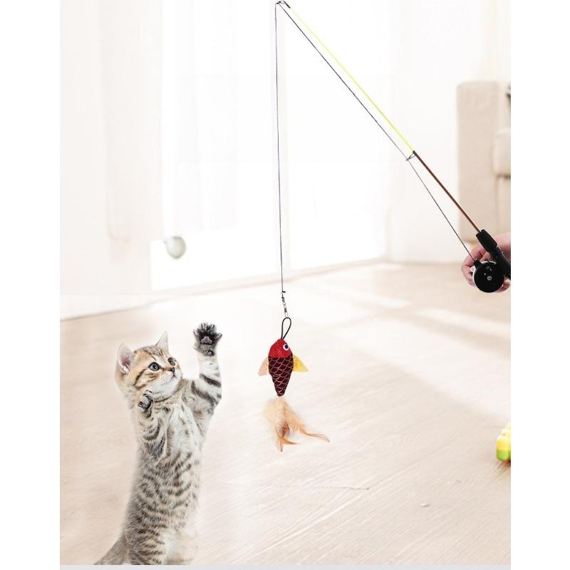 Retractable Cat Teaser Wand Interactive Fishing Rod Toy with Feather Fish Lure Durable Play Pole for Kittens Cats