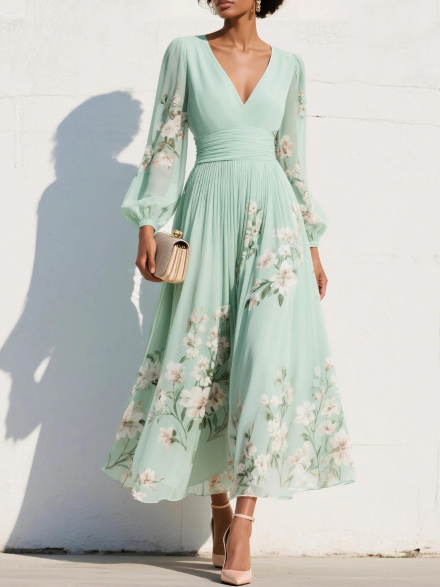 New Amazon Independent Station Chiffon Spring Long Sleeve Pleated Dress Women XS