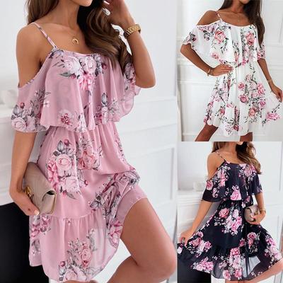 Frühling/Sommer 2022 Damen Chiffonkleid mit Print und Carmenausschnitt