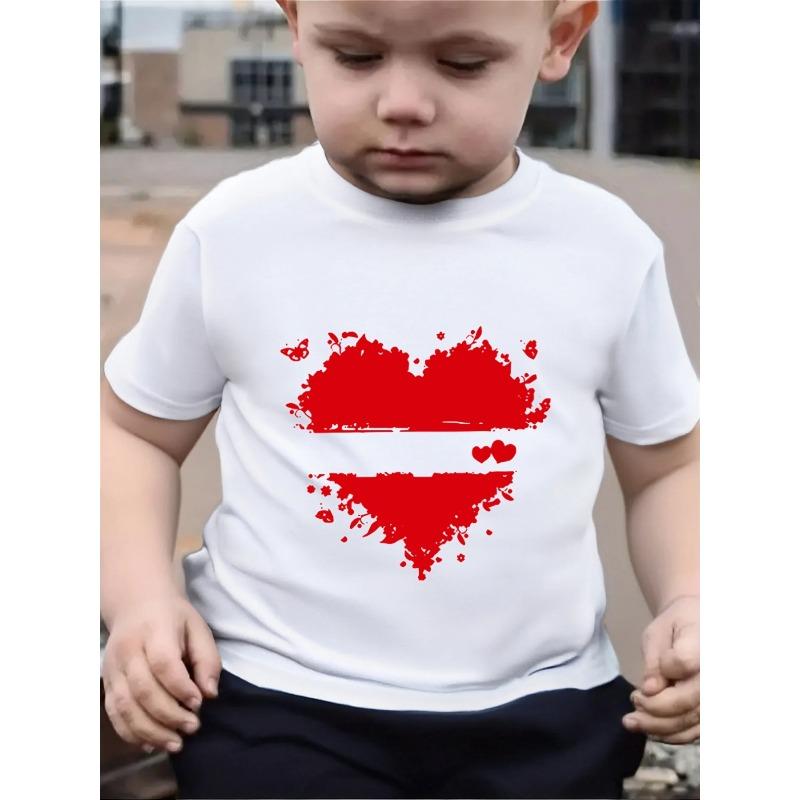 European sizes Boys' T-Shirt with Red Heart Print & White Splatter Design - Soft Breathable Summer Casual Round Neck Short Sleeve Top