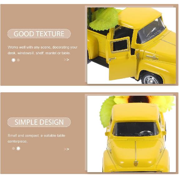 BESPORTBLE Farmhouse Yellow Truck, Vintage Truck Decor Yellow Truck with Flowers Rustic Metal Decorative Truck with Flowers for Home Table Decoration