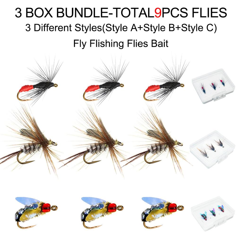 3Box Bundle(Total 9Pcs Flies)- Fly Fishing Flies Artificial Wet Flies Bait for Trout/Bass Artificial Nymphs Bait Fish Bait