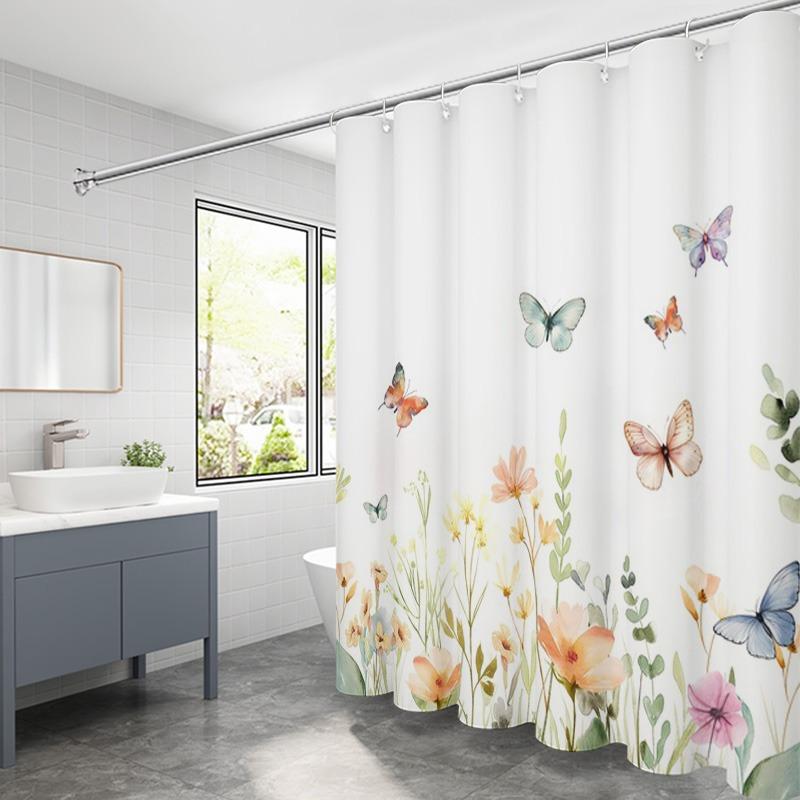 Waterproof Machine Washable Shower Curtain Butterfly Floral Pattern Design Shower Curtain Creative Decoration Bathroom Curtain 90X180cm