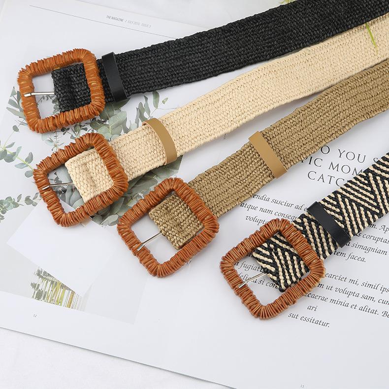 Pp Grass Woven Belt Women'S Retro Cotton And Linen Ethnic Style Dress Waist Seal Square Buckle Decorative Belt