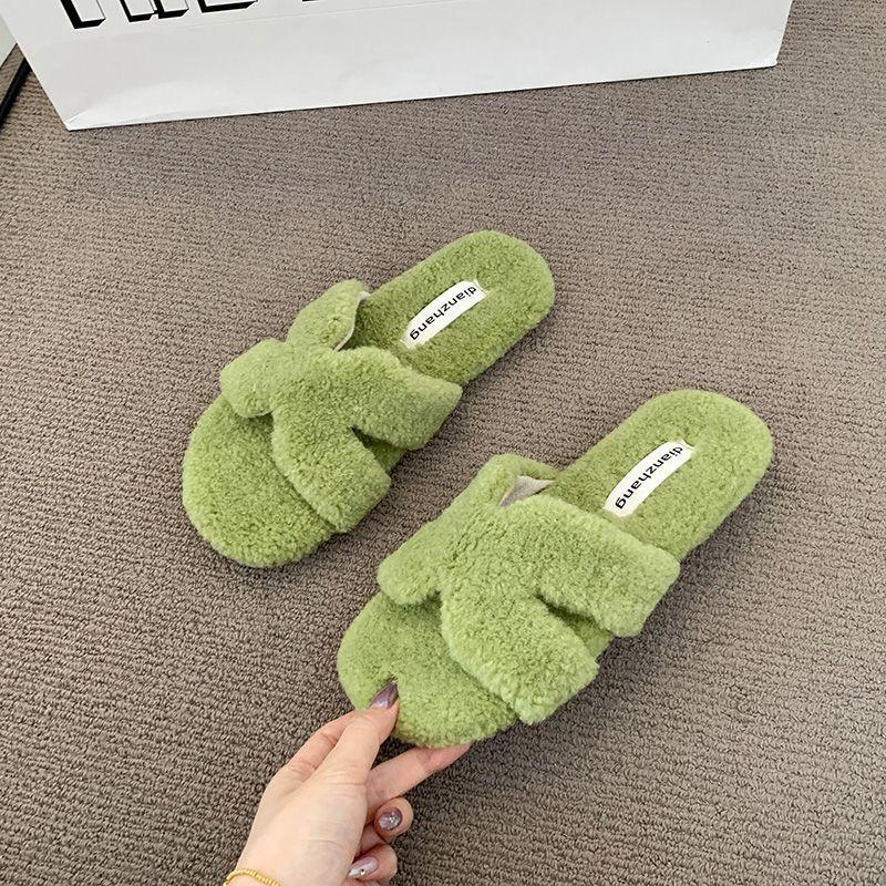 Internet Celebrity Plush Flat Bottom One-word Cotton Slippers Women's Wear 2025 Autumn and Winter New Soft Bottom Comfortable One Pedal Fluff Drag