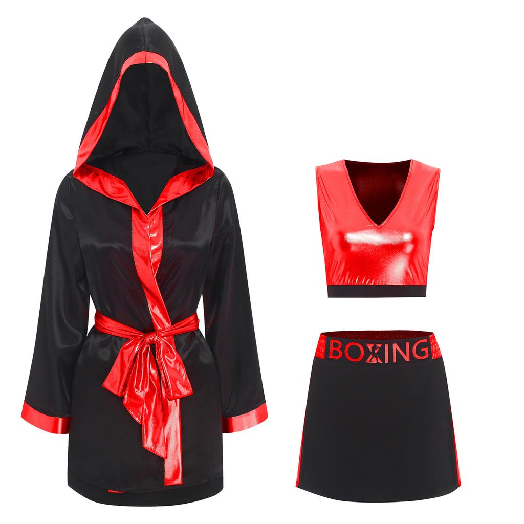 Dames Boksuitrusting Vierdelige Set Tanktop Cover-up Badjas Rok Riem Sport Thema Halloween Kostuum