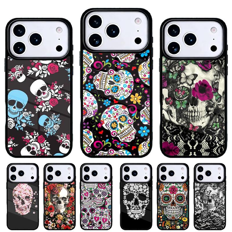 Retro Pattern Flower Skull Phone Case for iPhone 17 Air 16e 15 14 13 Pro Max Back Cover for 12 11 Pro Coque