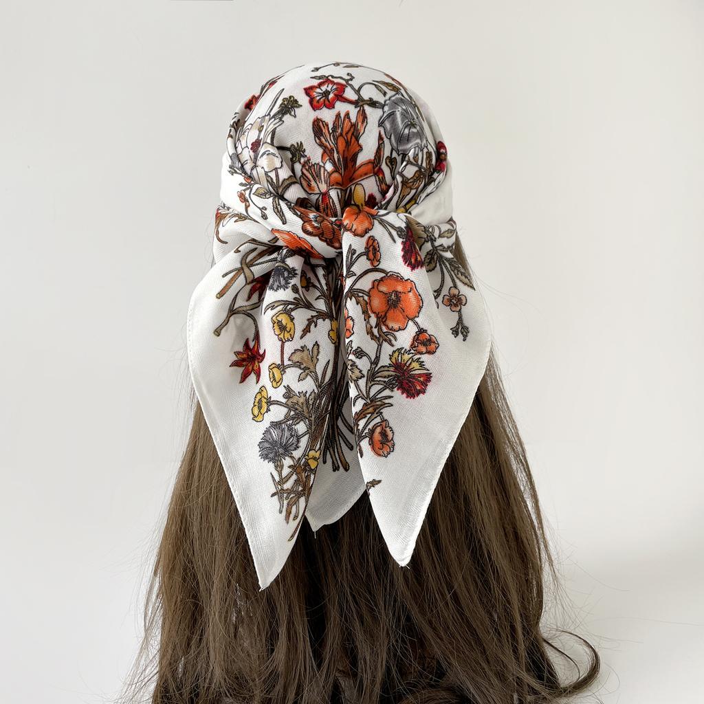 Light Luxury Retro Flower Printing Silk Hair Soft Feel Headscarf Scarf Silk Scarf Spring and Autumn Women Chinese Square Scarf