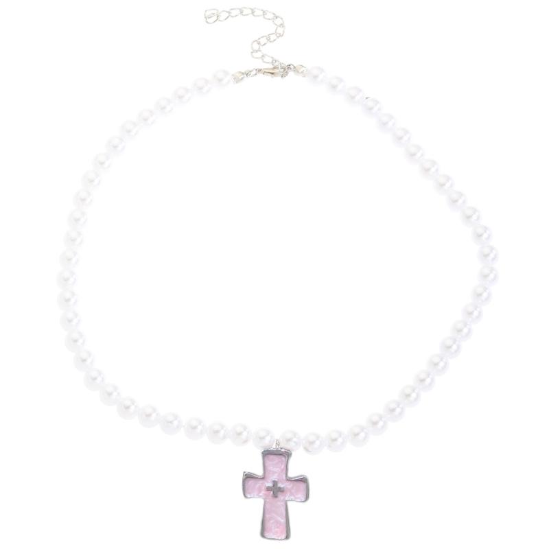 Imitation Pearl Beaded Choker Adjustable Length Neckchain Accessory for Ladies Heart/Crucifix/Cats Pendant Necklace