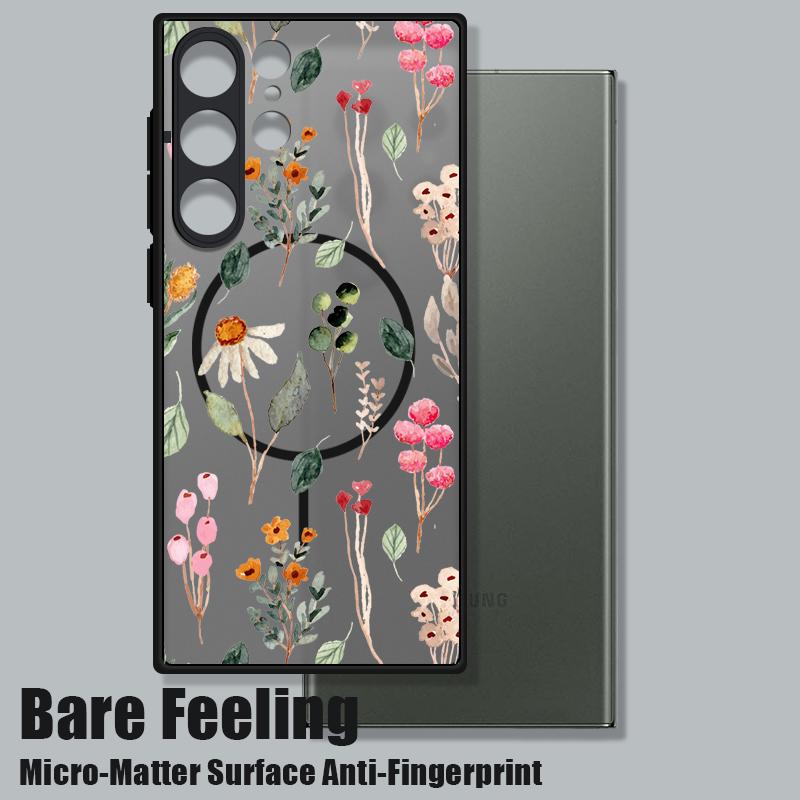 Floral Print Matte Clear Phone Case For Samsung S25 Ultra S24 FE S23 Plus S22 S21 Wireless Charge Magnetic Hard PC Shockproof Soft Edge Bumper Cover