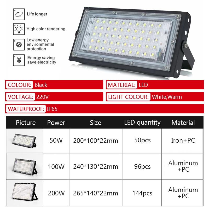 Led Flood Light 50W 100W 200W IP65 Waterproof LED 220V Outdoor Floodlight Spotlight LED Reflector Street Lamp Wall Flood Lights