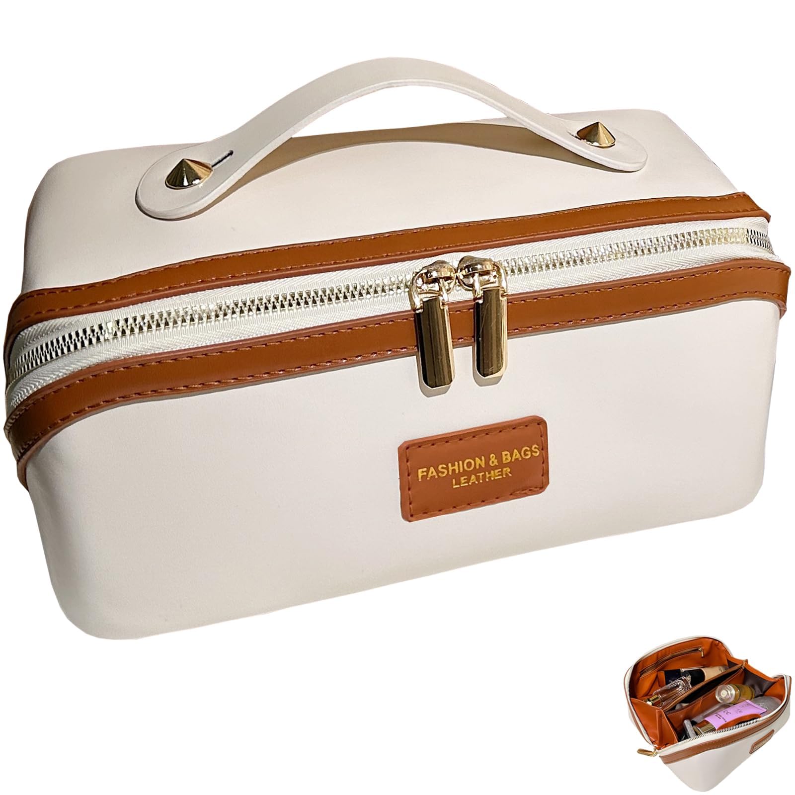 

Aylashine Корейская Портативная Косметичка Большая из ПУ Кожи для Женщин и Дорожная Сумка для Туалетных Принадлежностей с Двойной Металлической Молнией и Ручкой, Сумка-Органайзер с Отделениями