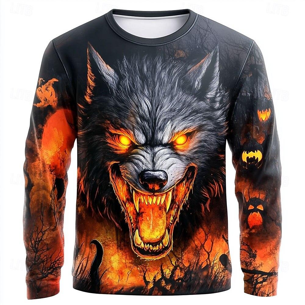 3D Vintage Wolf Print Men's T-Shirt Retro Cool Long Sleeved Round Neck Tees For Men Gothic Halloween Theme Party Unisex Clothing
